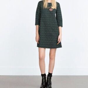 Zara Woman Green & Black Geometric Pattern Mini Dress - Size S